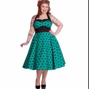 Hell Bunny Vixen Teal Green Polka Dot Fit & Flare Dress S